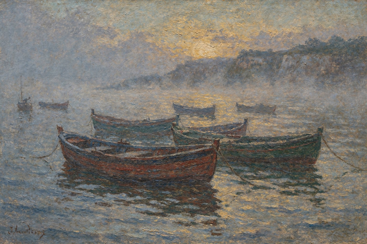 Impressionistic oil painting of a misty coastal morning, loose brushwork