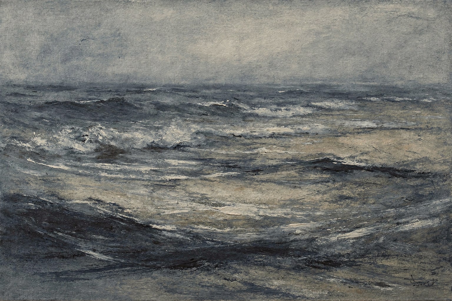 Moody abstract seascape — indigo and bone, sweeping gestural strokes