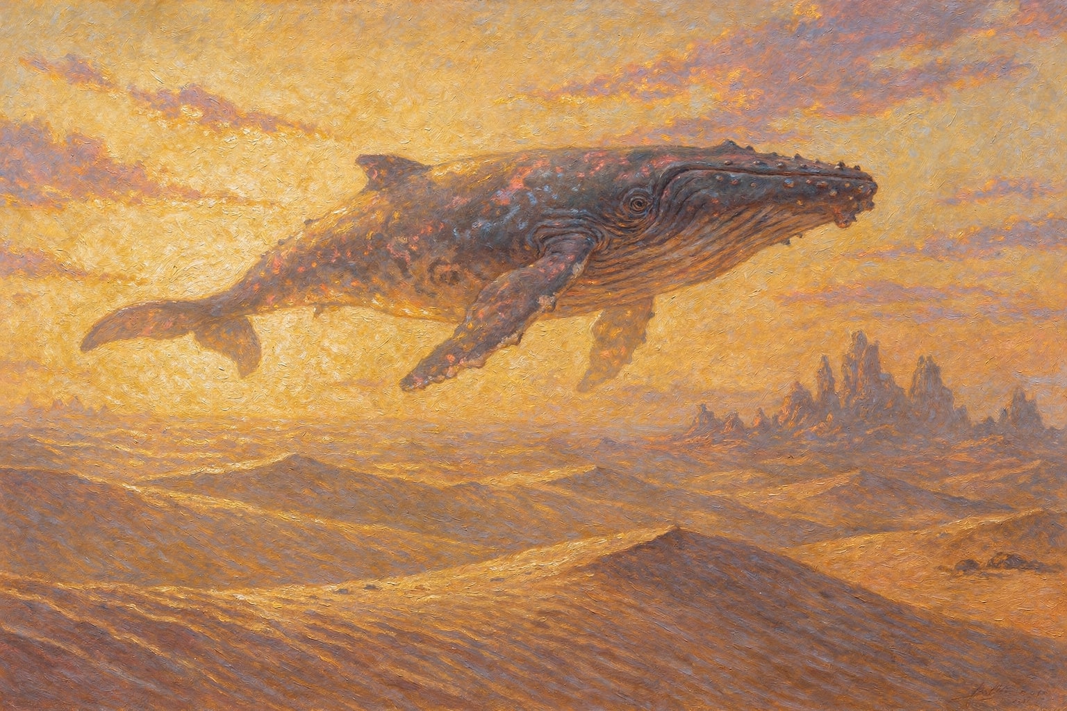 a great whale drifting through a golden desert at dusk
